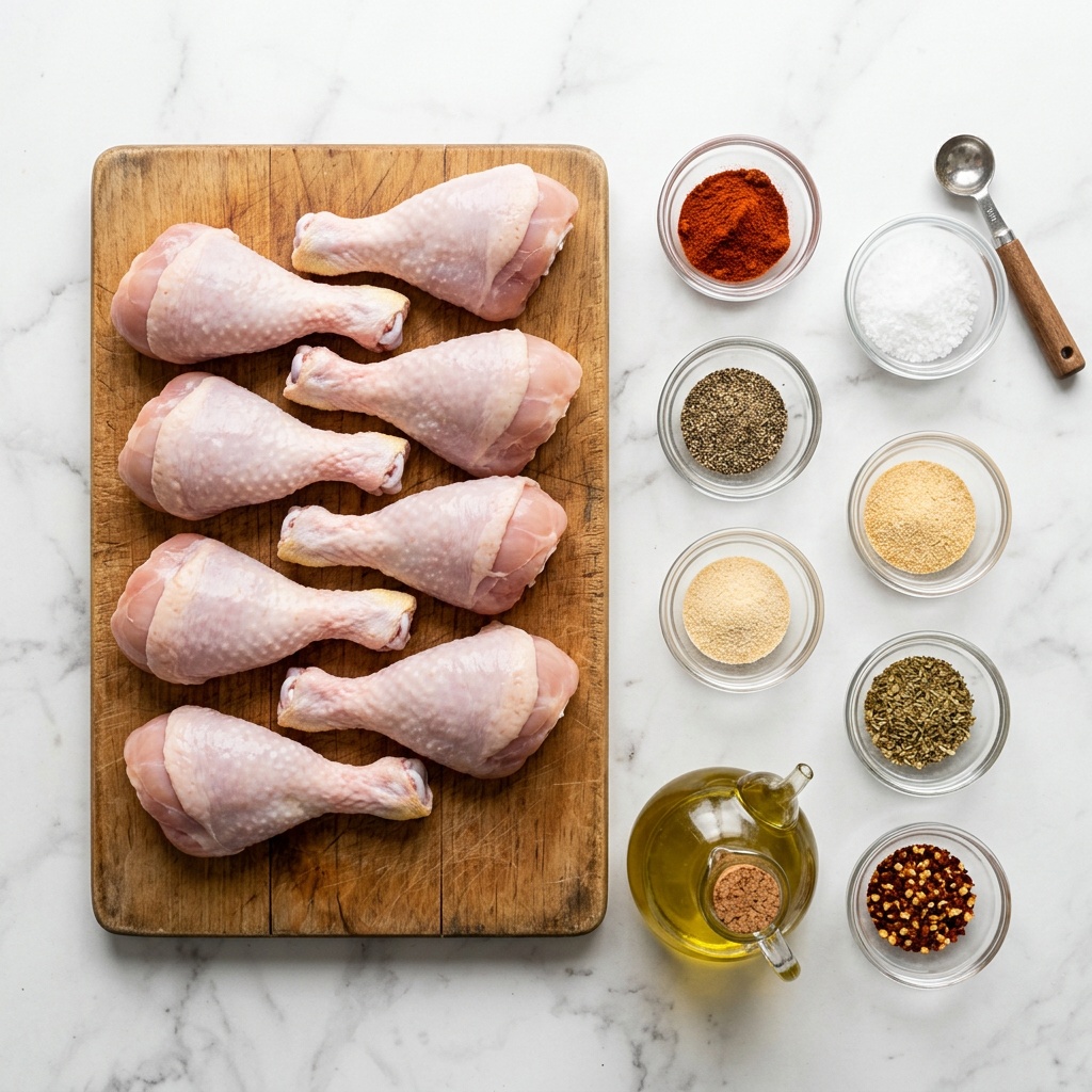 ingredients for air fryer chicken drumsticks recipe flat lay