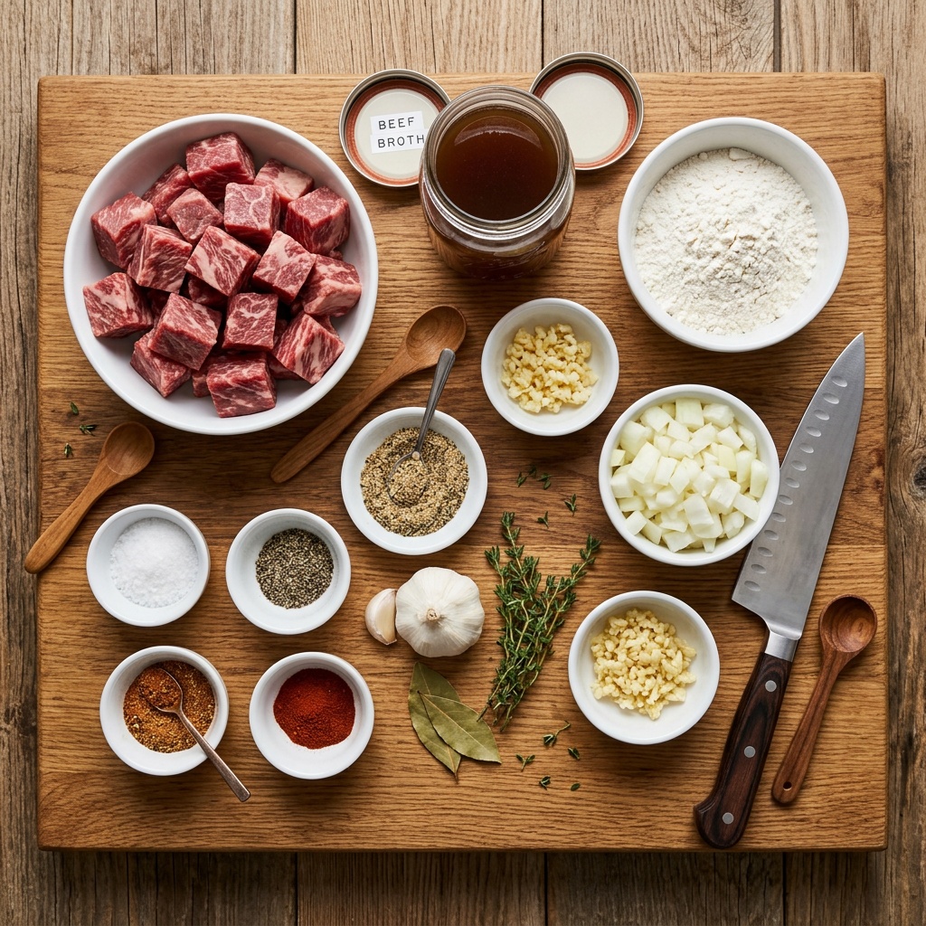 ingredients for beef tips and rice recipe flat lay