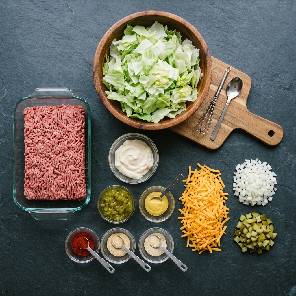 ingredients for big mac bowl recipe on slate background