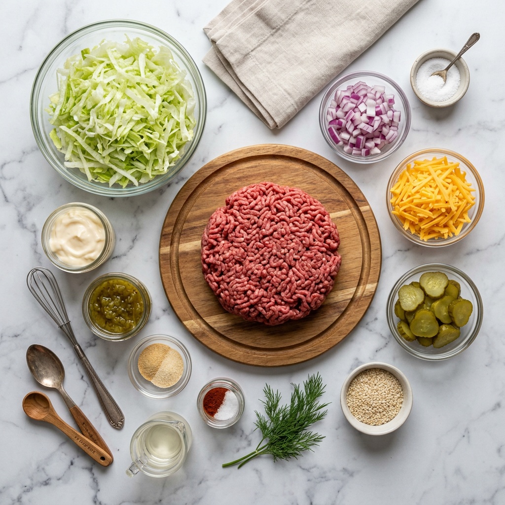 ingredients for big mac salad recipe flat lay