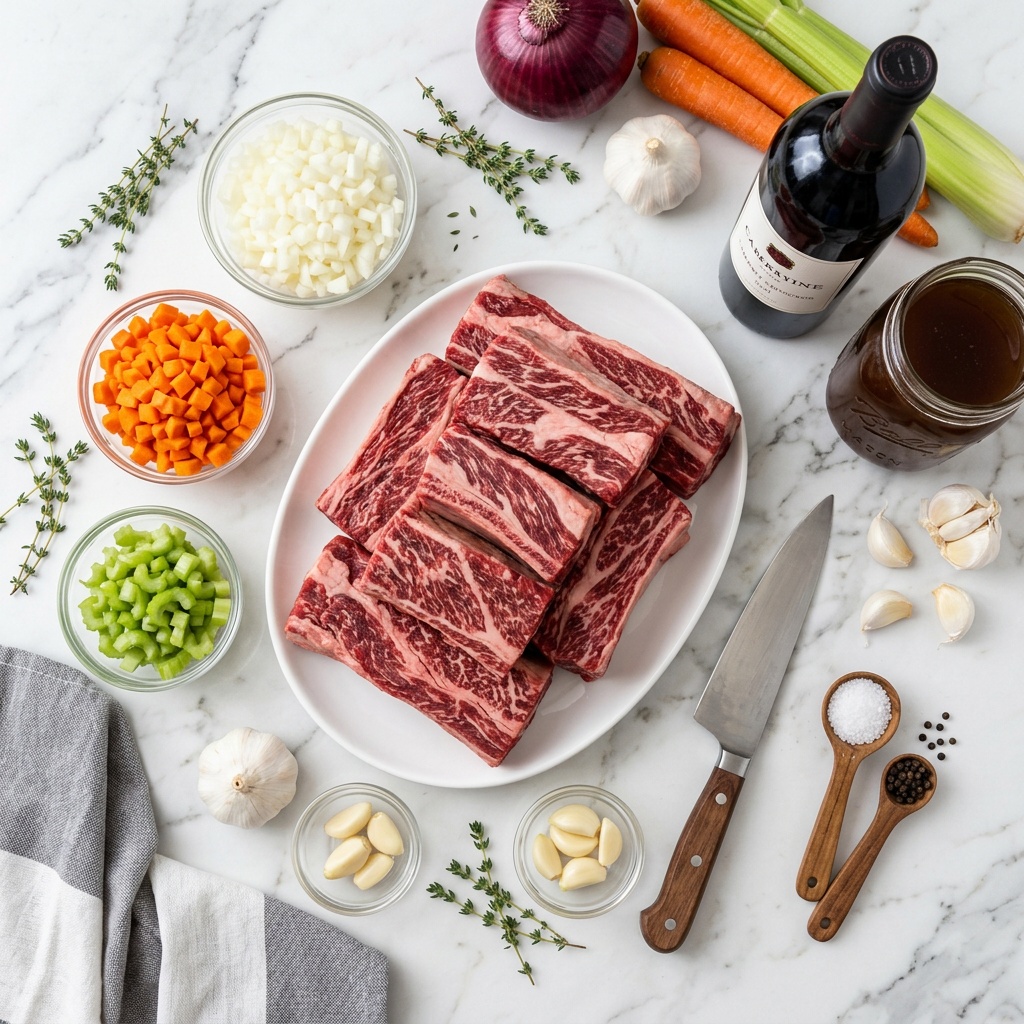 ingredients for a boneless beef short ribs recipe flat lay
