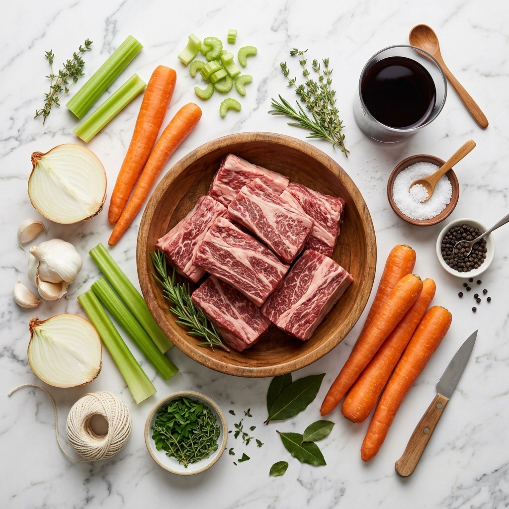 boneless short ribs recipe ingredients flat lay with wine and vegetables.