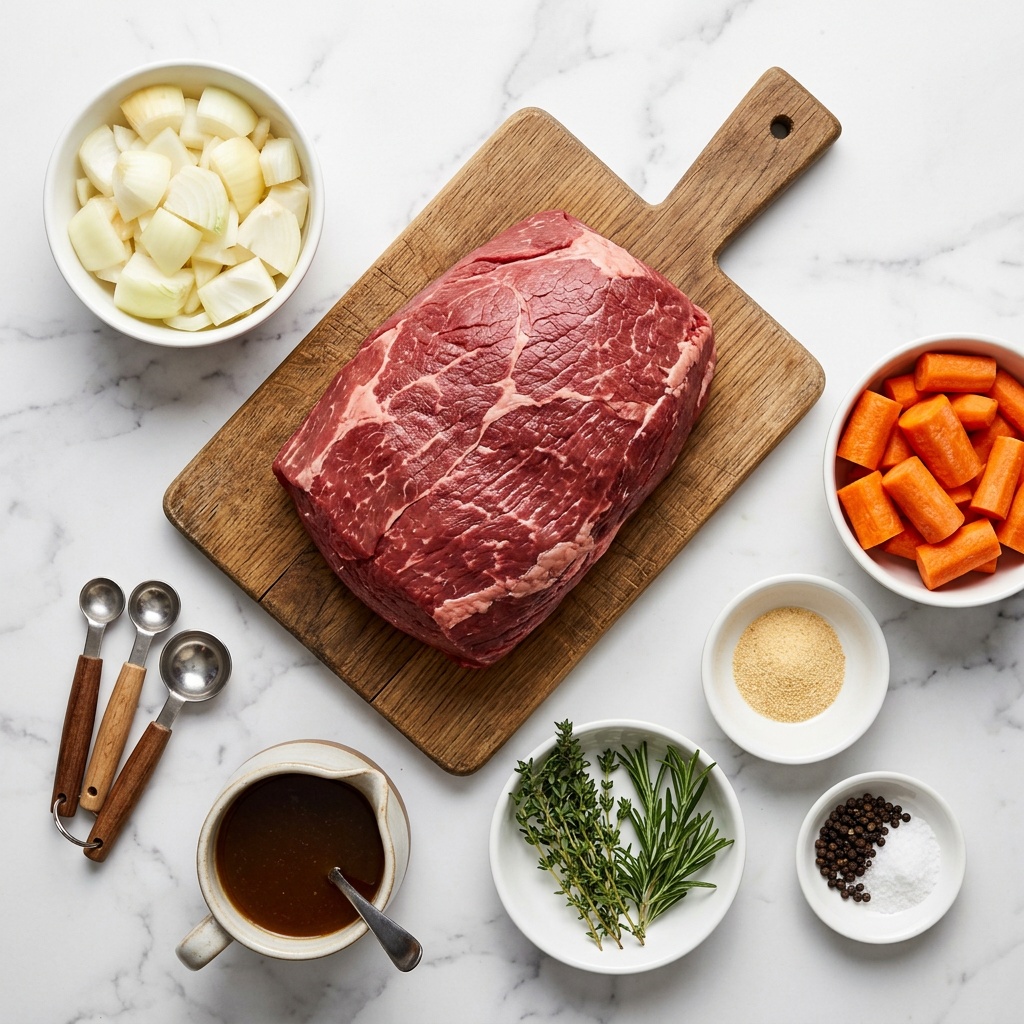 ingredients for bottom round roast recipe on a marble surface