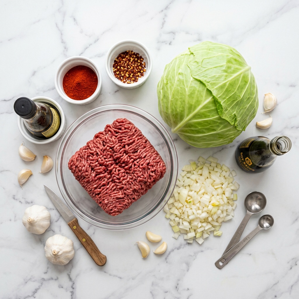 ingredients for cabbage and ground beef recipe flat-lay