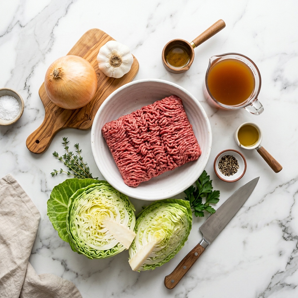 cabbage and ground beef recipes ingredients flat-lay