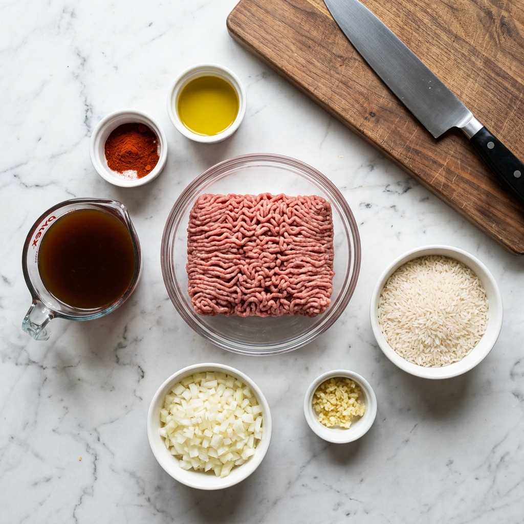 chop meat and rice recipes ingredients flat lay on marble