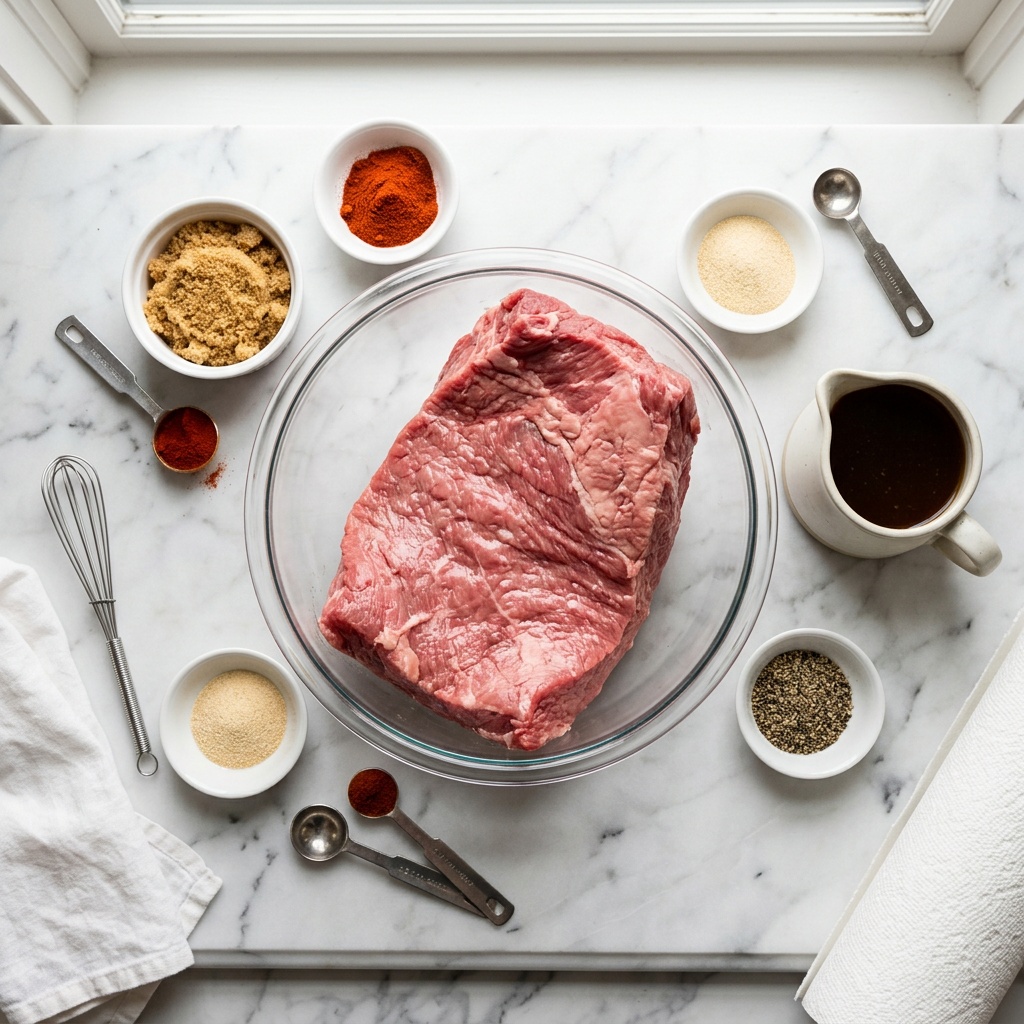 ingredients for corned beef recipes oven baked, spices and beef.