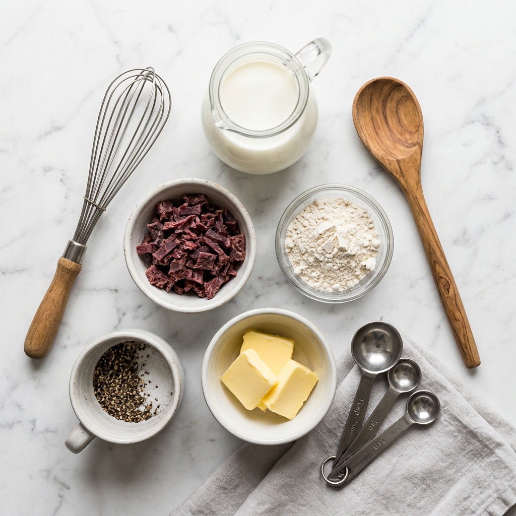 ingredients for creamed chipped beef recipe on marble counter