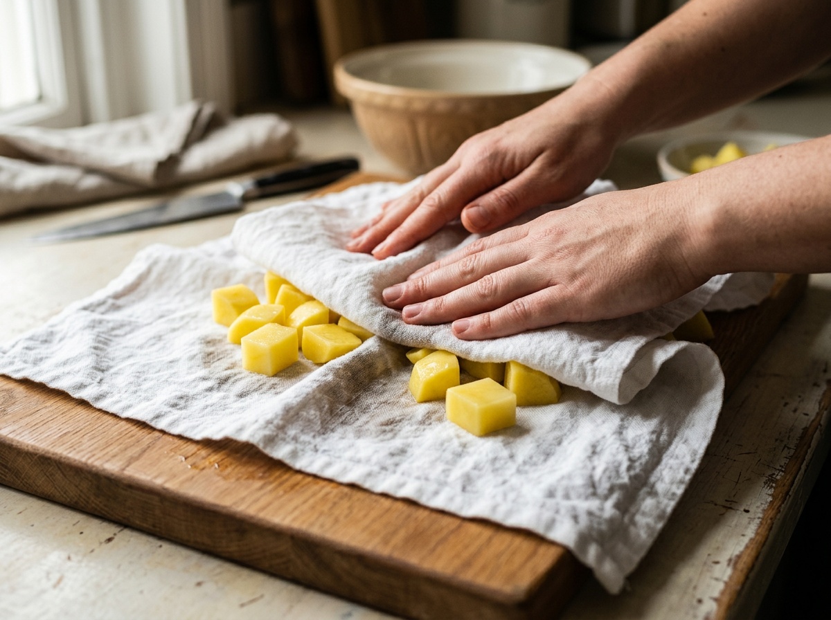 air fryer potatoes recipes drying cubed potatoes on towel