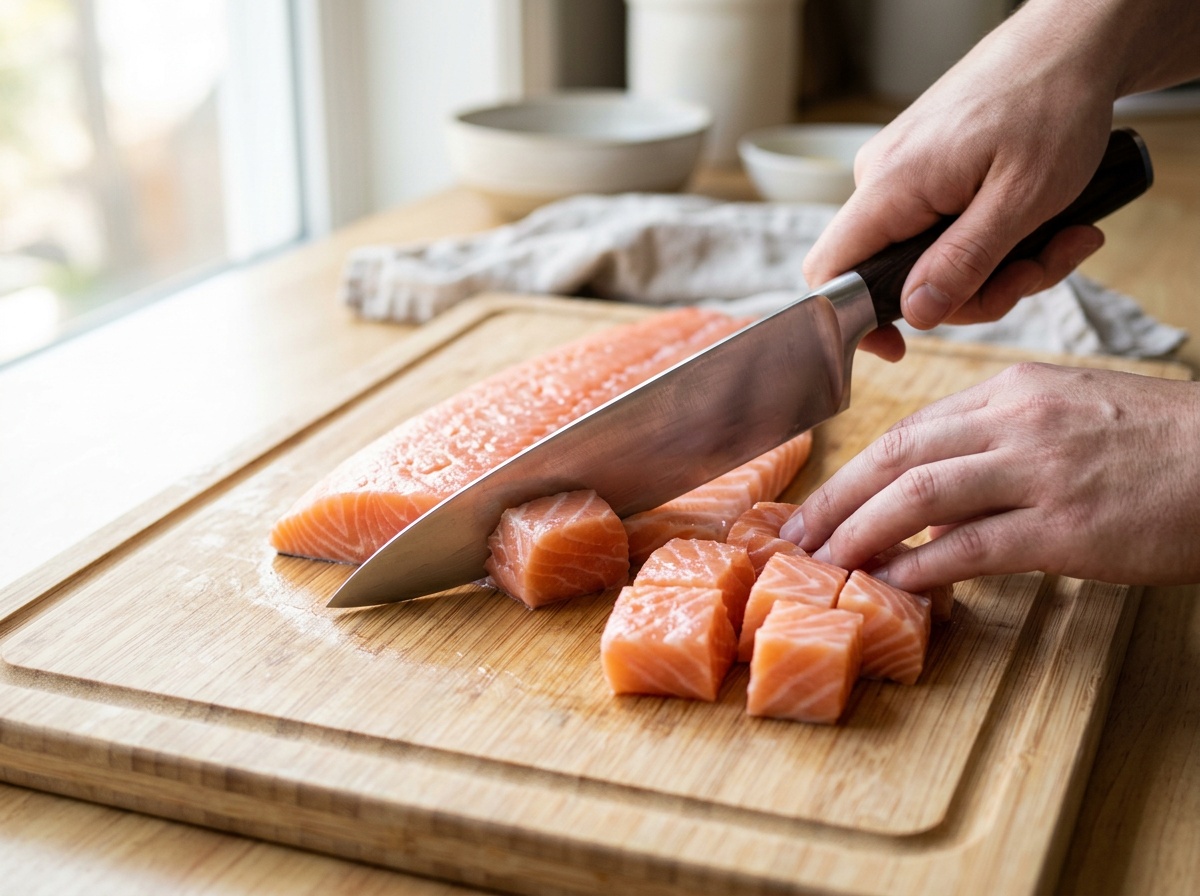 air fryer salmon bites recipe cutting into cubes