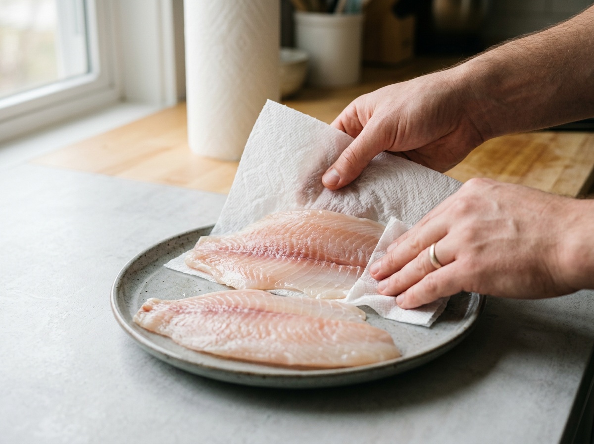 air fryer tilapia recipe prep - patting fish dry