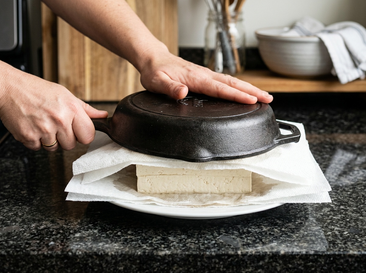 tofu air fryer recipes step 1 pressing tofu