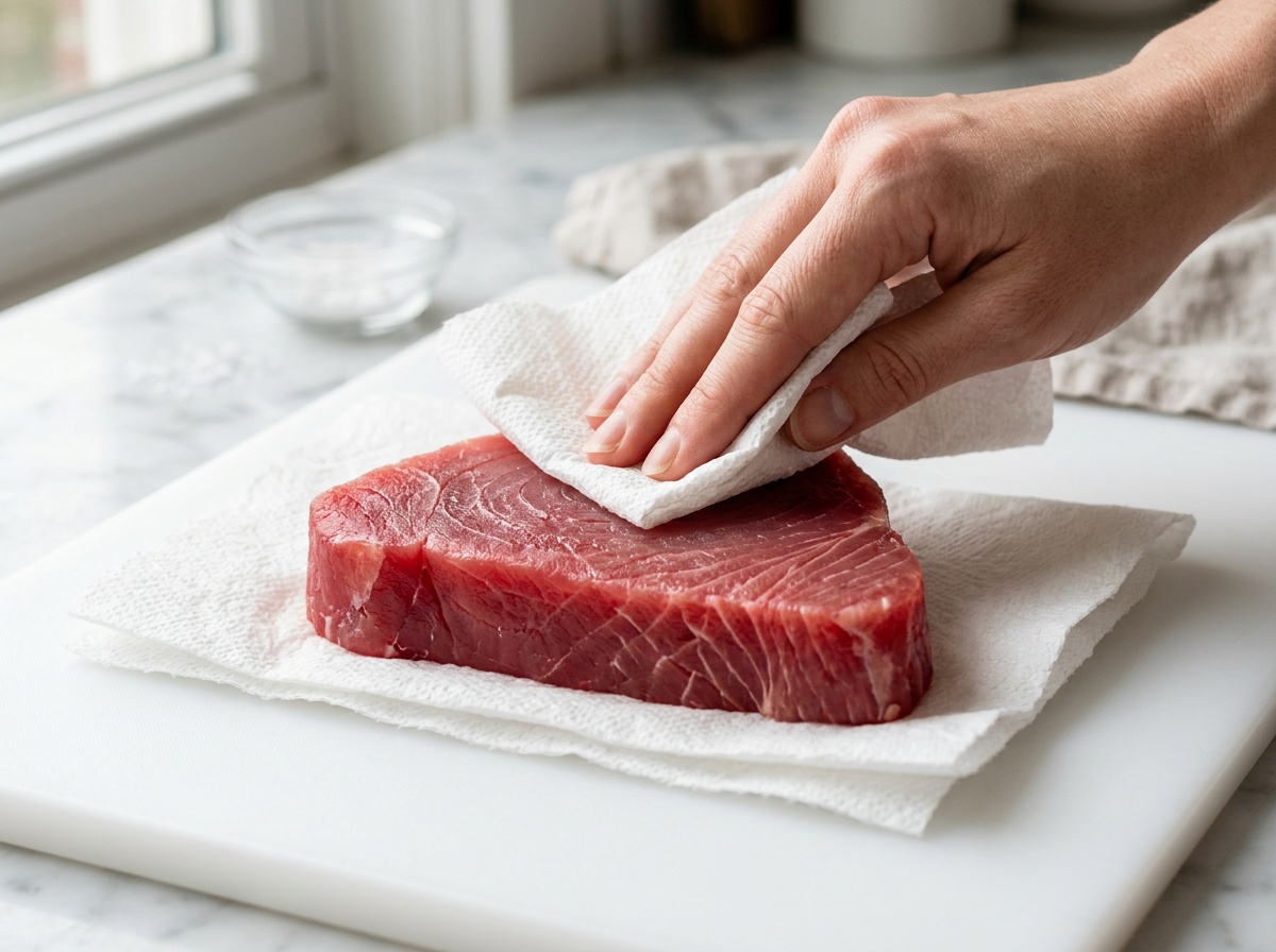 ahi tuna steak recipes — prepping fish by drying surface.