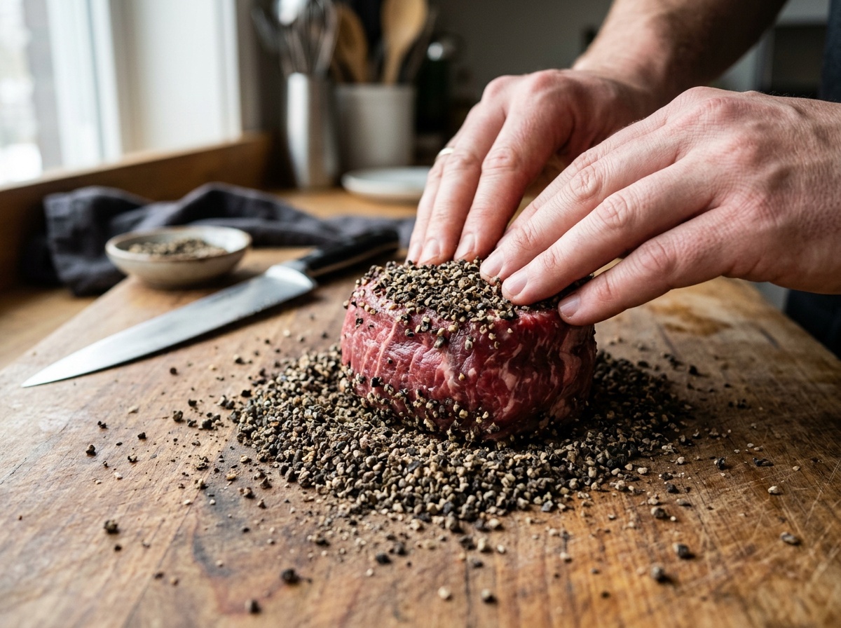 au poivre steak recipe showing peppercorn crust technique