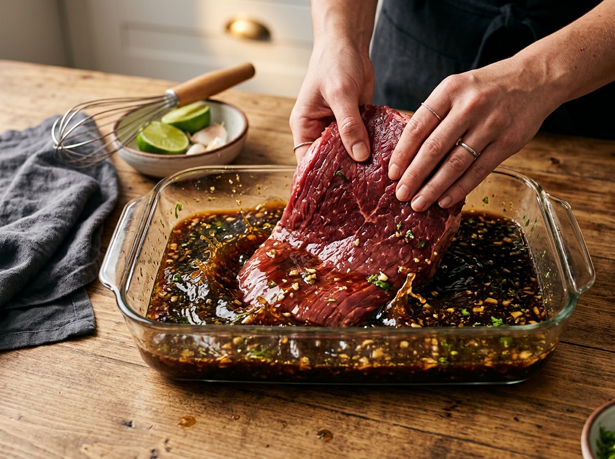 beef flank steak recipes — raw steak being coated in marinade