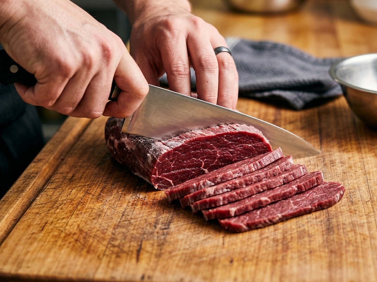 slicing beef for beef jerky in dehydrator recipes