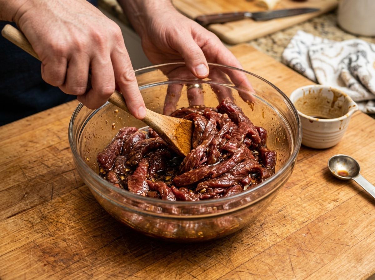 marinating beef strips for beef lomo saltado recipe