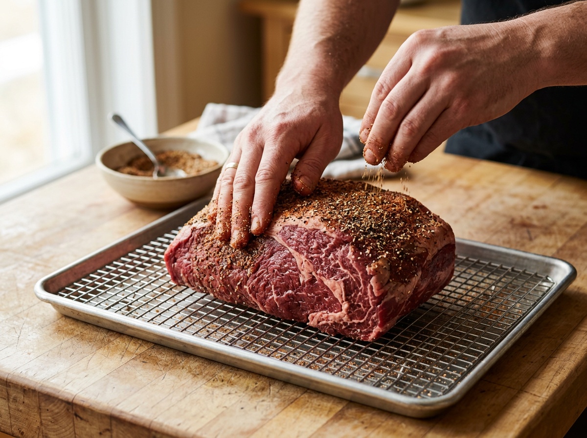applying seasoning to beef sirloin tip roast recipe