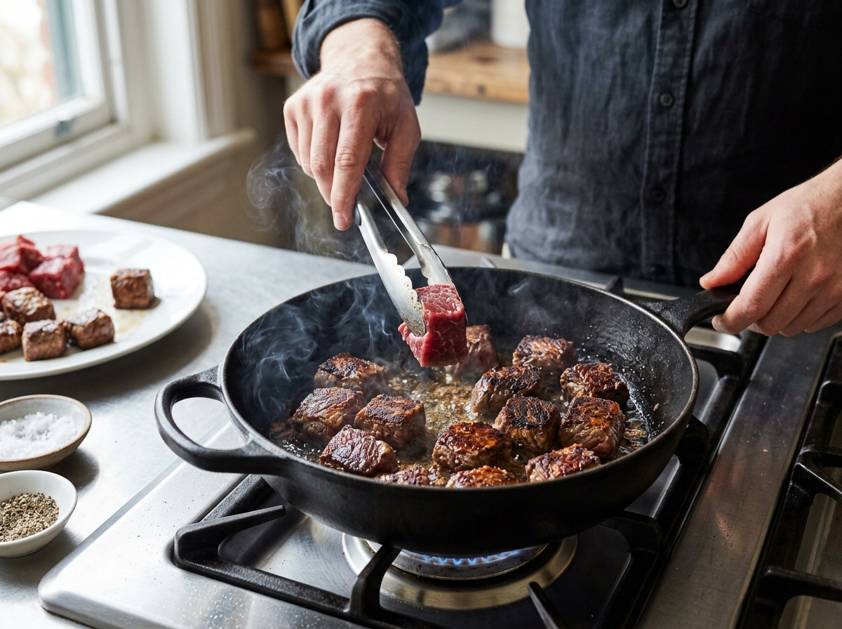 searing beef chunks for beef stew recipe stove top