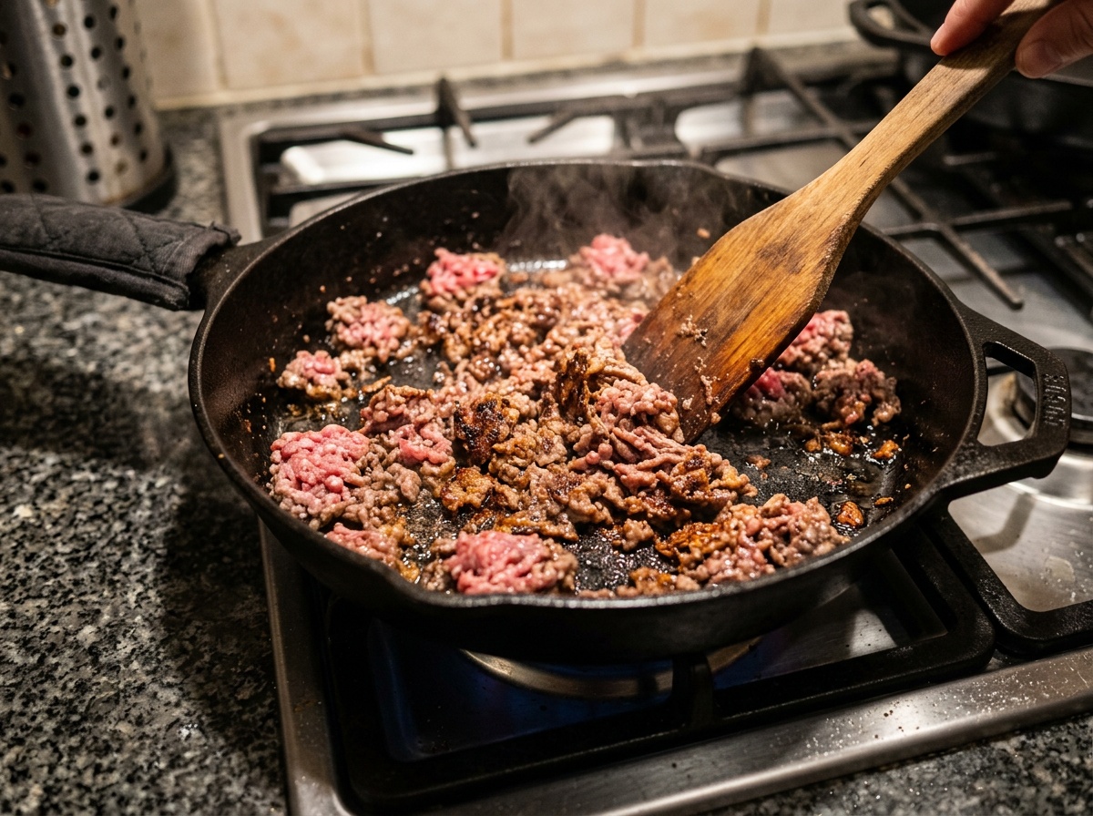 beef stroganoff recipe with ground beef browning beef in skillet
