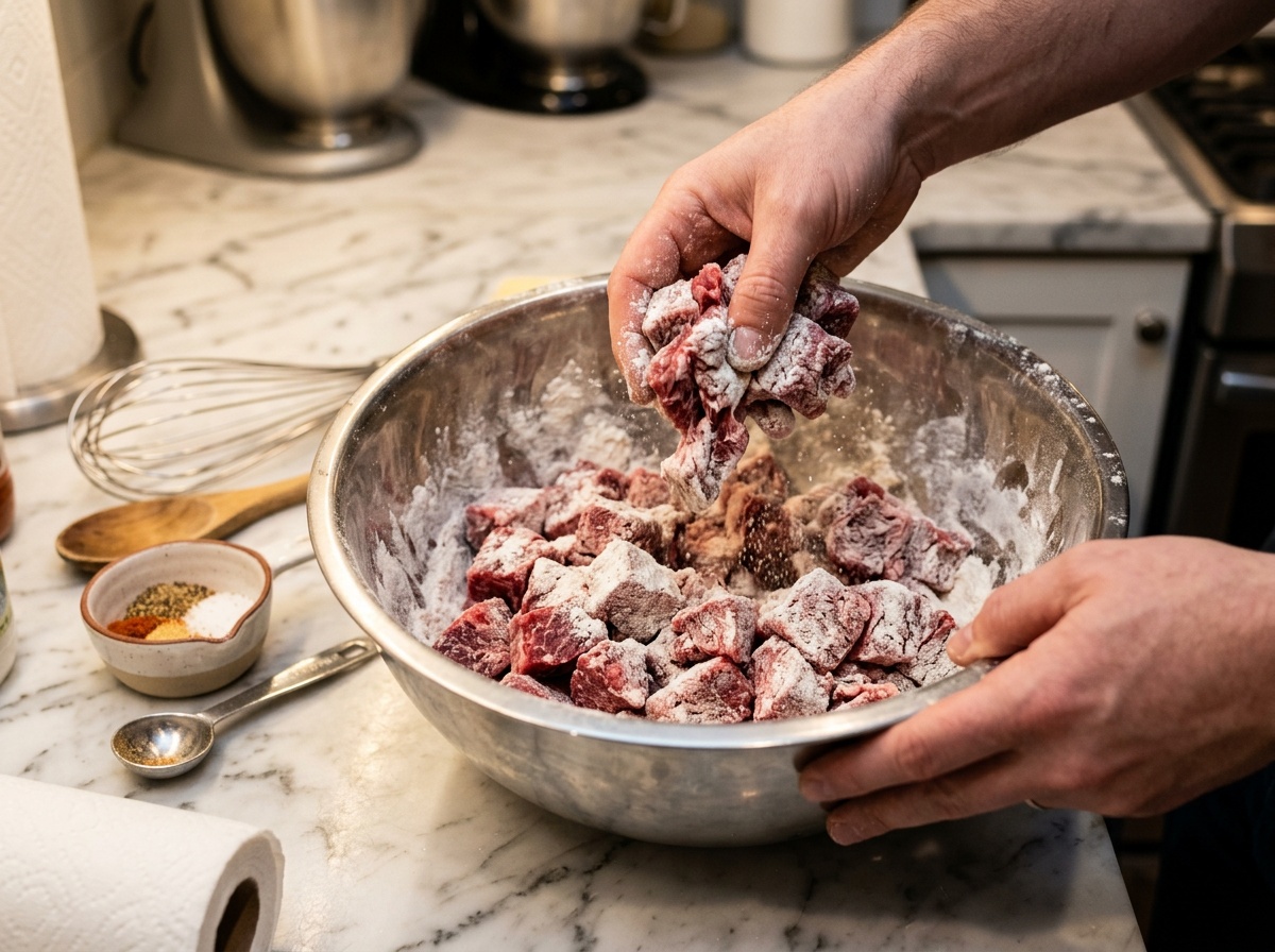 coating beef in flour for beef tips and rice recipe