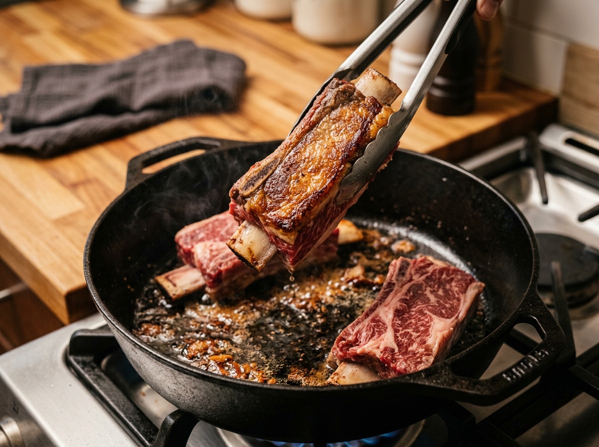 searing boneless beef short ribs in a dutch oven