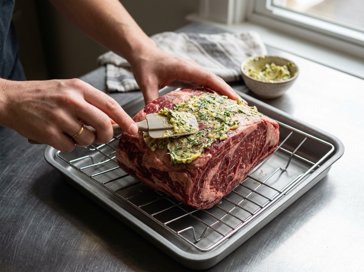 applying herb butter to boneless prime rib recipe