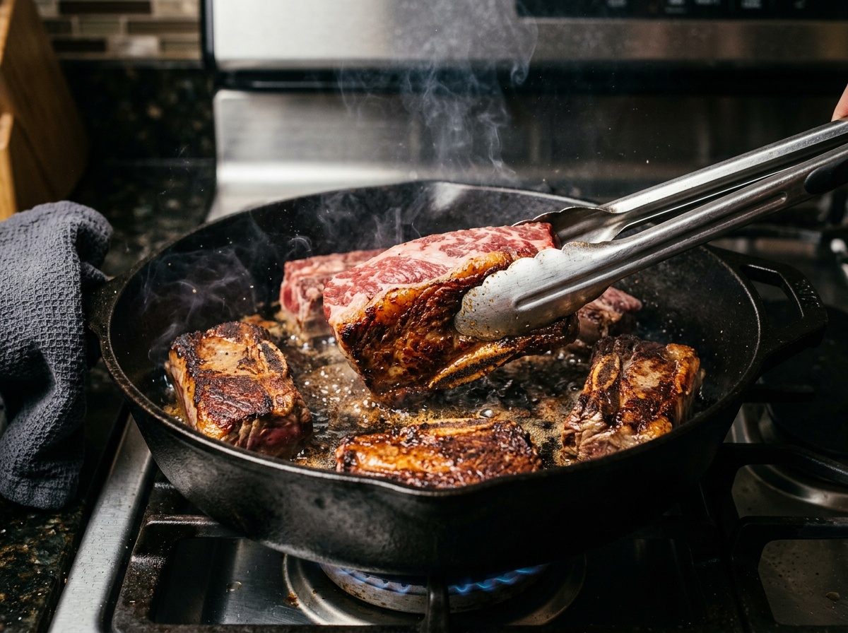 boneless short ribs recipe beef being seared in a pot.