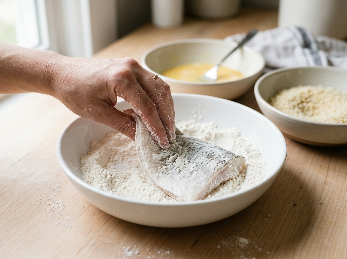 air fryer fish recipes coating fish in flour step