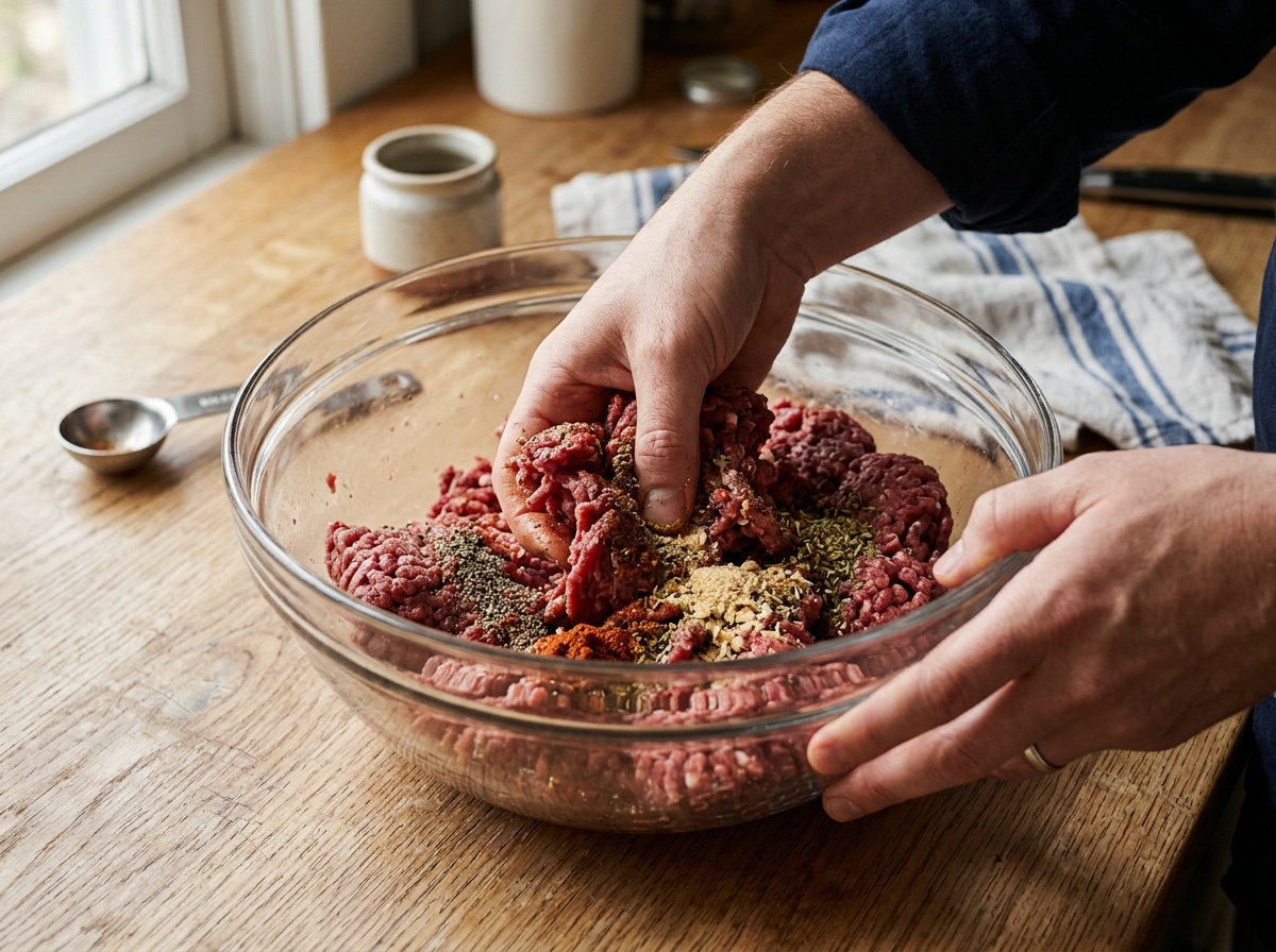 mixing meat for air fryer hamburger recipes in glass bowl