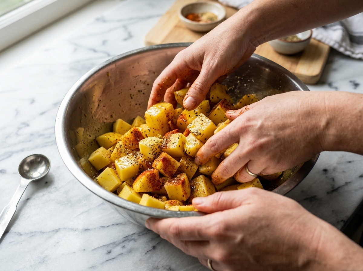 air fryer potatoes recipes tossing in seasoning and oil