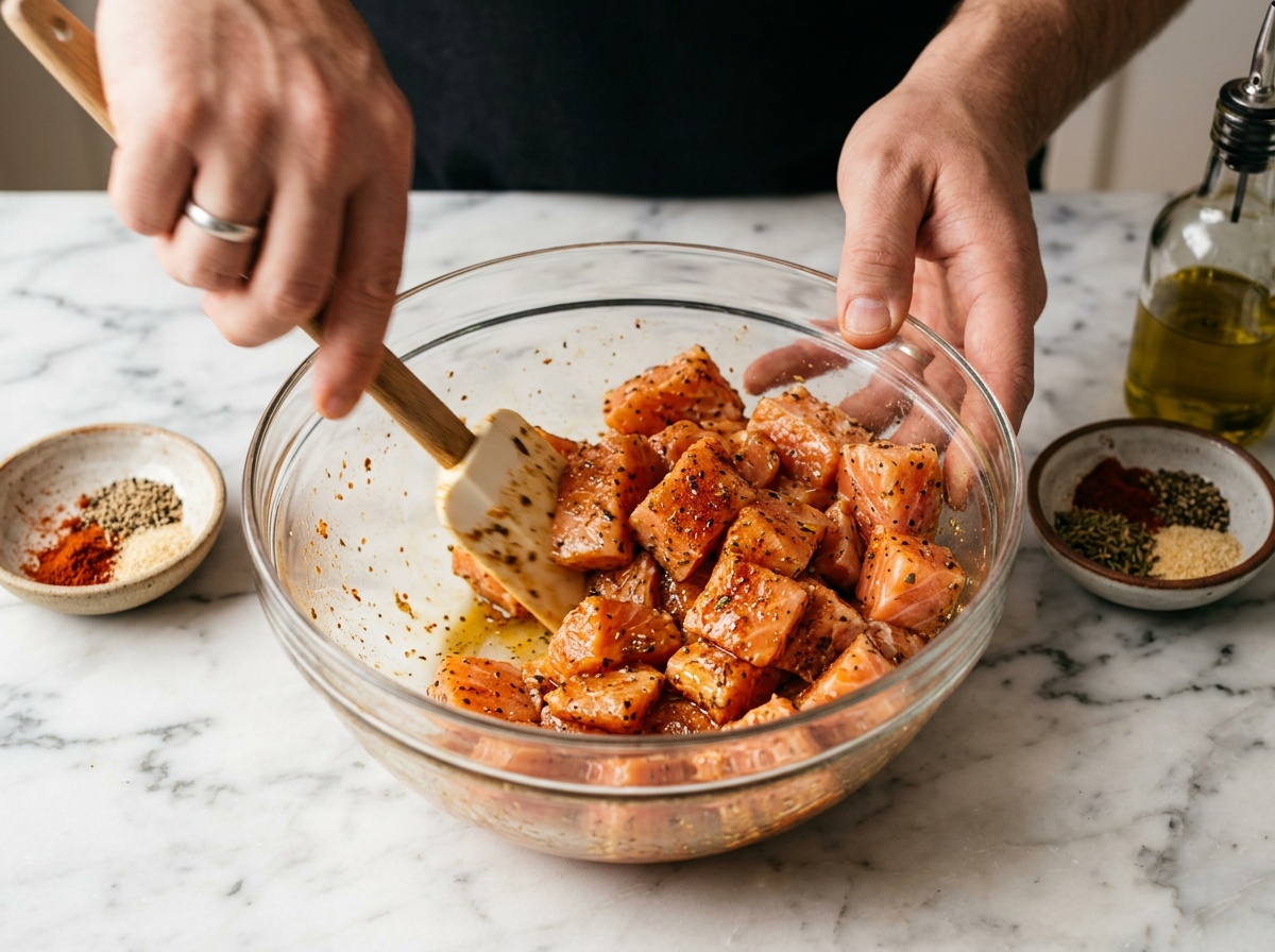air fryer salmon bites recipe seasoning the fish