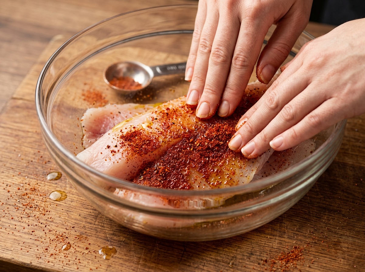 air fryer tilapia recipe - applying spice rub to fish