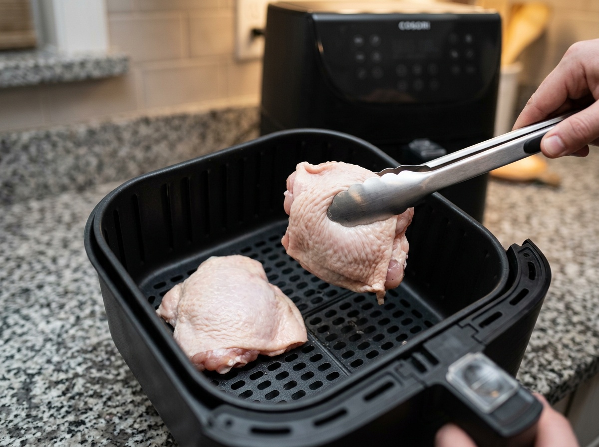 placing chicken into ninja air fryer basket
