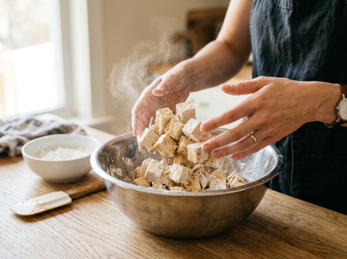 tofu air fryer recipes step 2 coating tofu