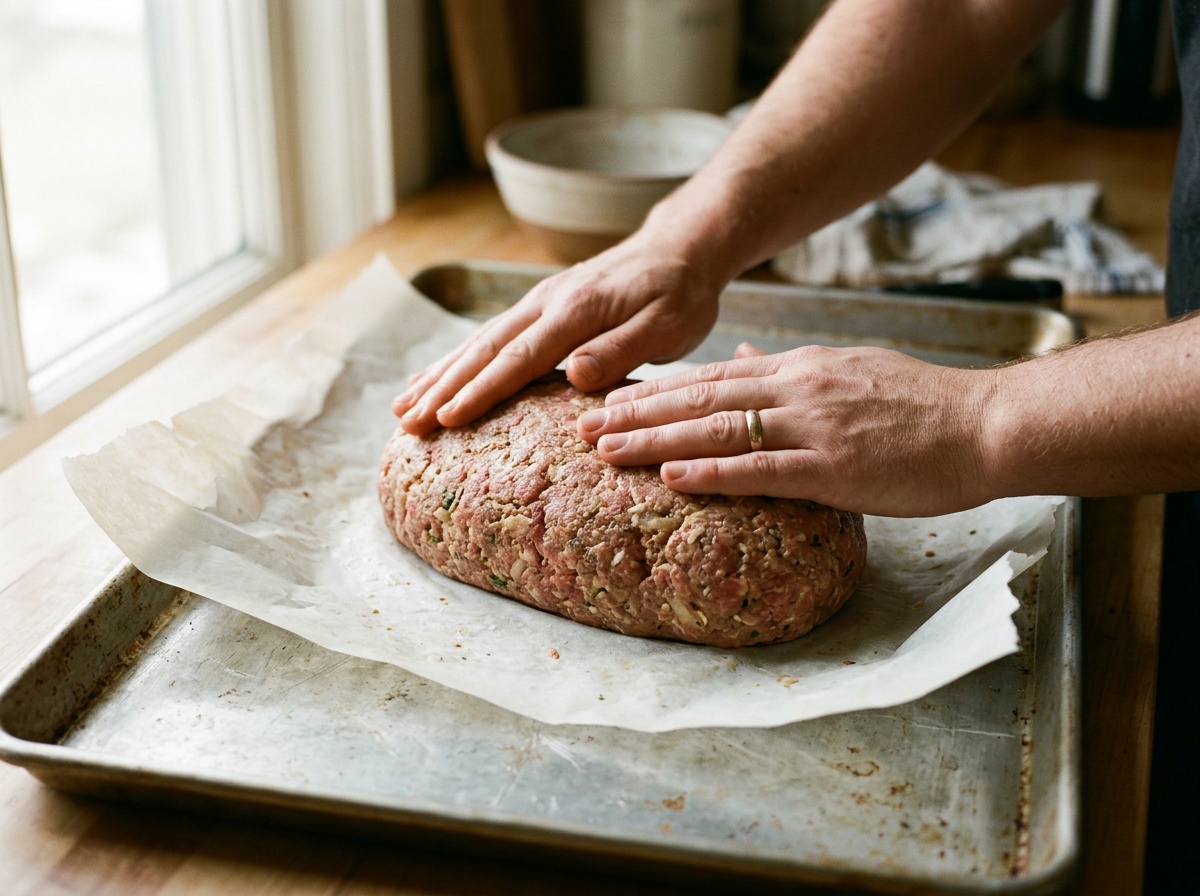 1 lb meatloaf recipe being shaped before baking
