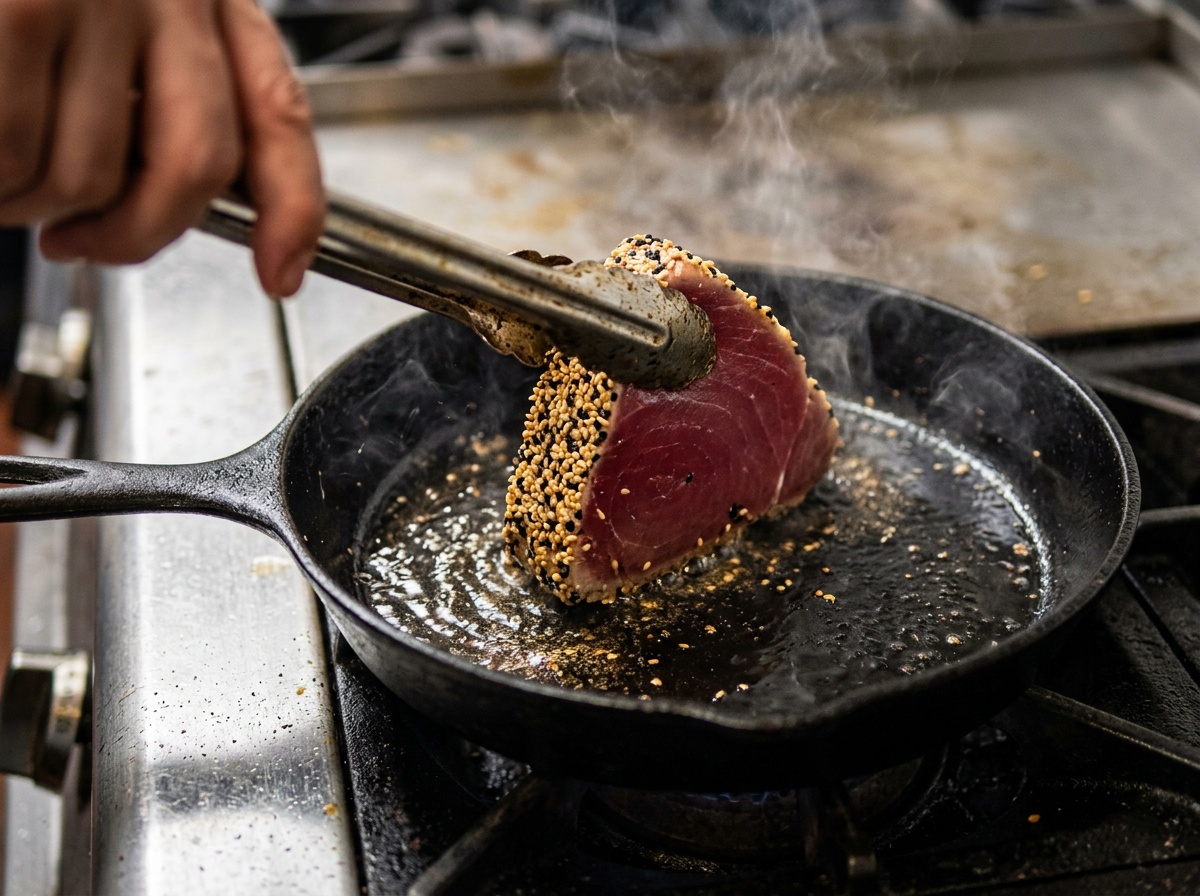 ahi tuna steak recipes — searing tuna in cast iron.