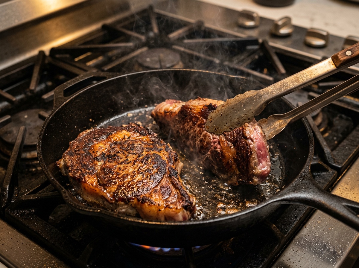 searing au poivre steak recipe in cast iron skillet