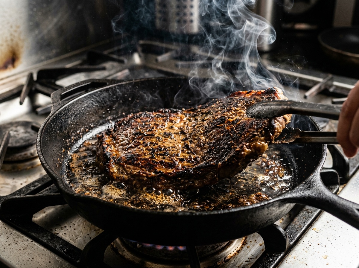 beef flank steak recipes — searing steak in hot iron skillet