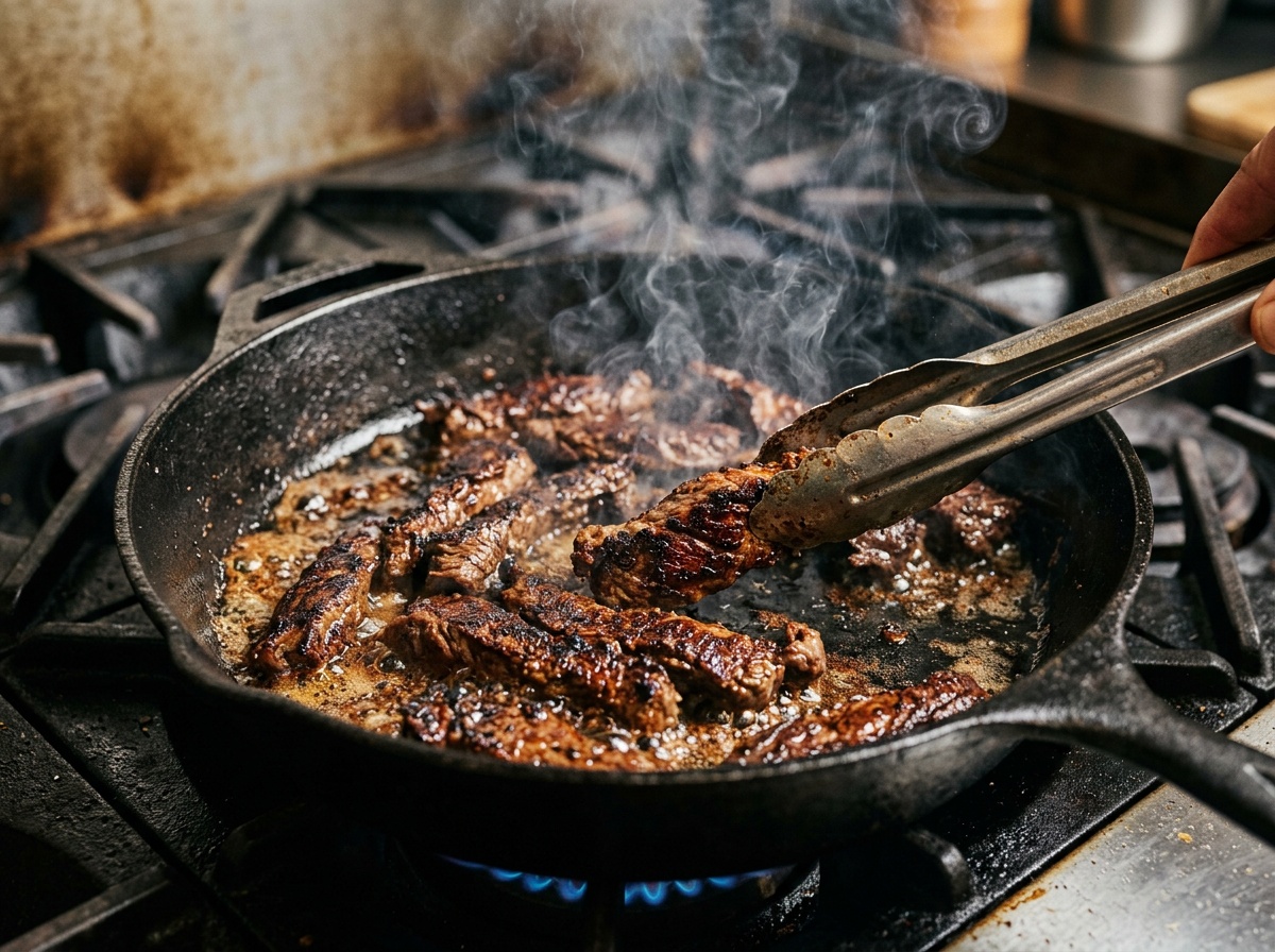 searing beef in skillet for beef lomo saltado recipe