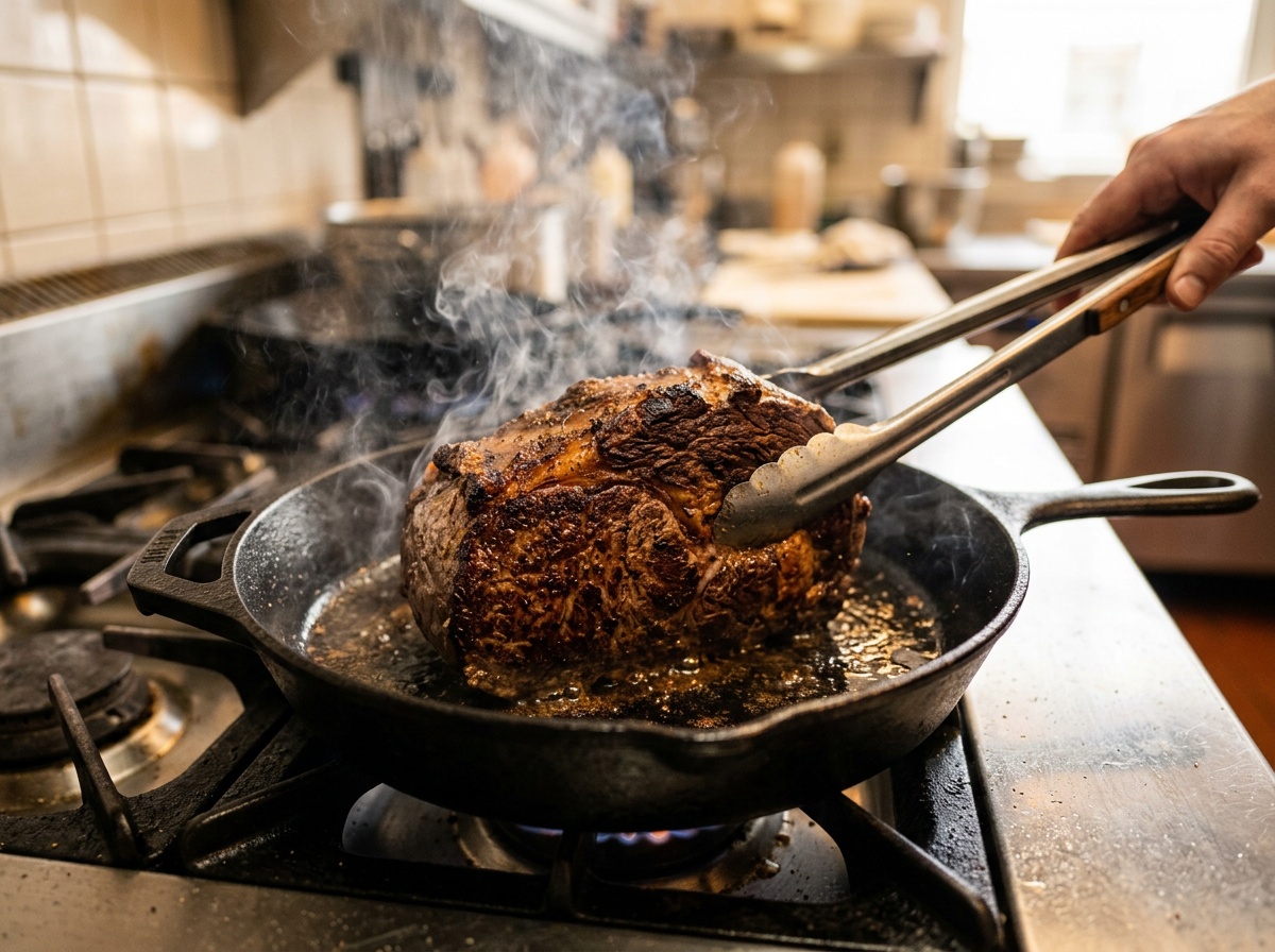 searing beef sirloin tip roast recipe in pan