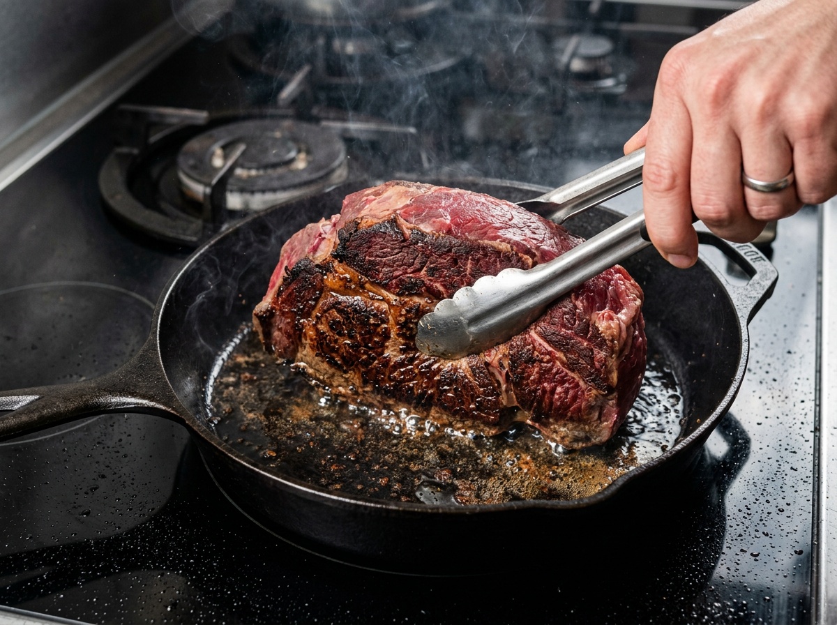 beef striploin roast recipe searing technique in skillet