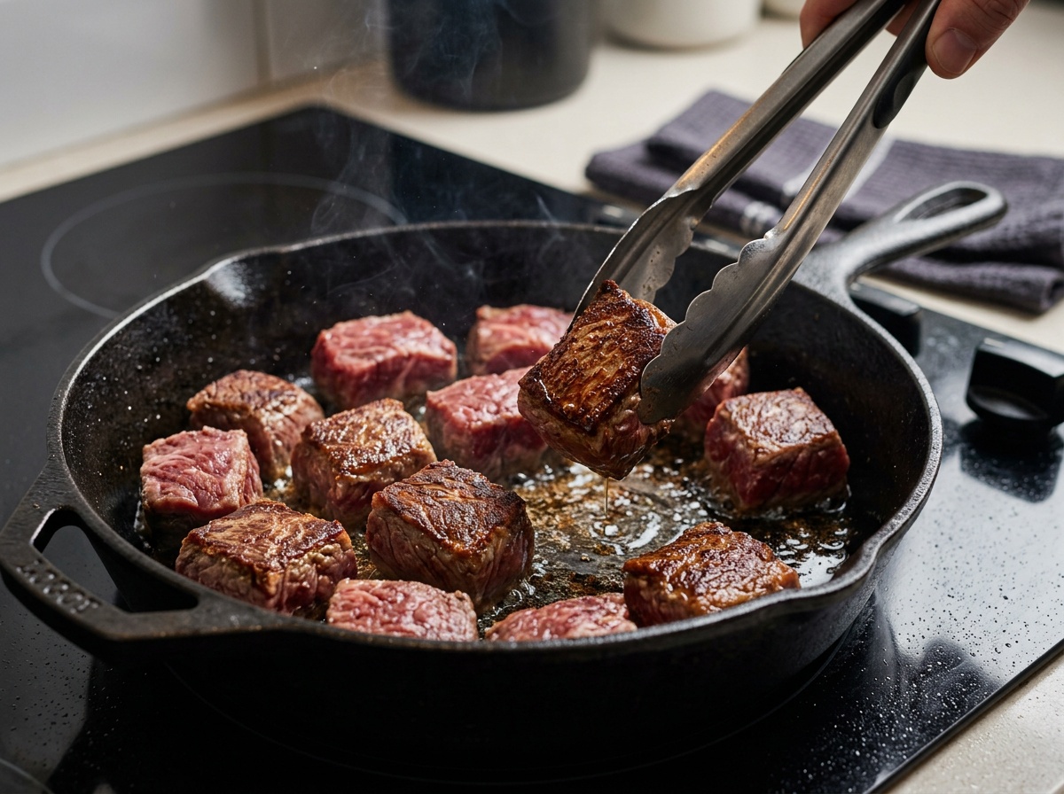 searing beef in skillet for beef tips and rice recipe