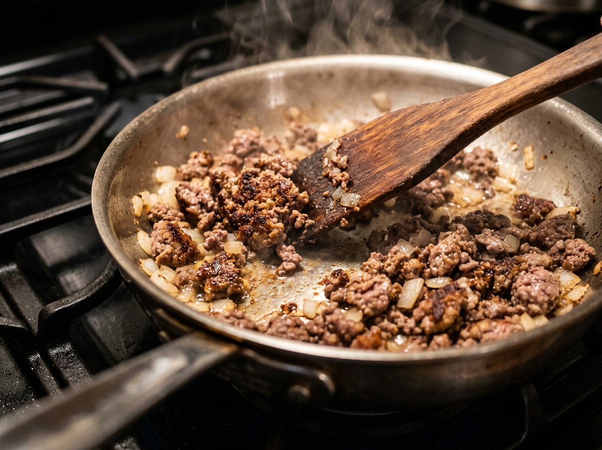 cooking ground beef for big mac bowl recipe in skillet