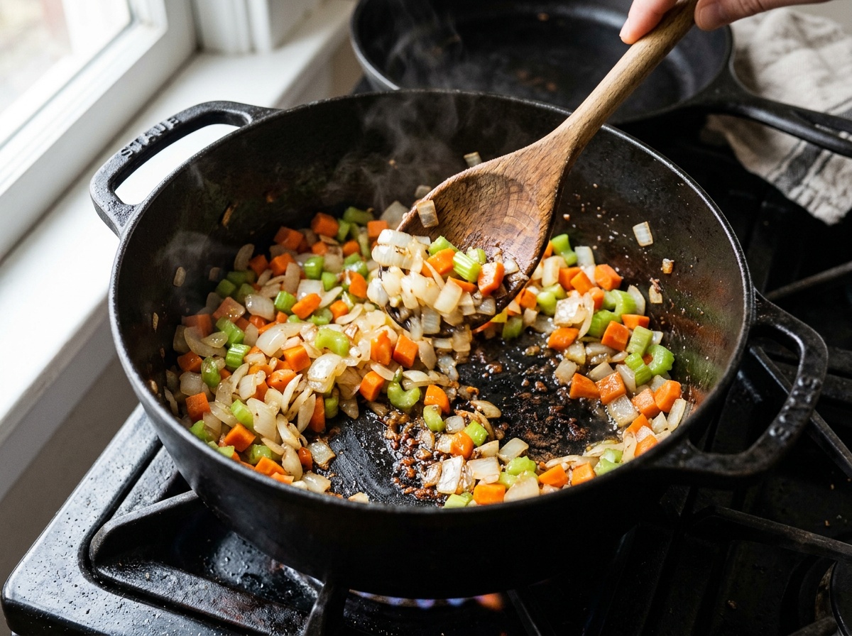 boneless short ribs recipe vegetables sautéing in a dutch oven.