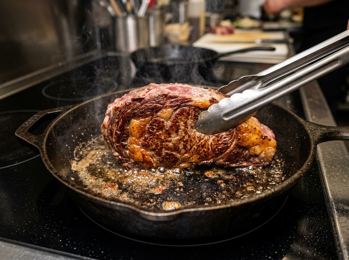 bottom round roast recipe searing in a cast iron pan