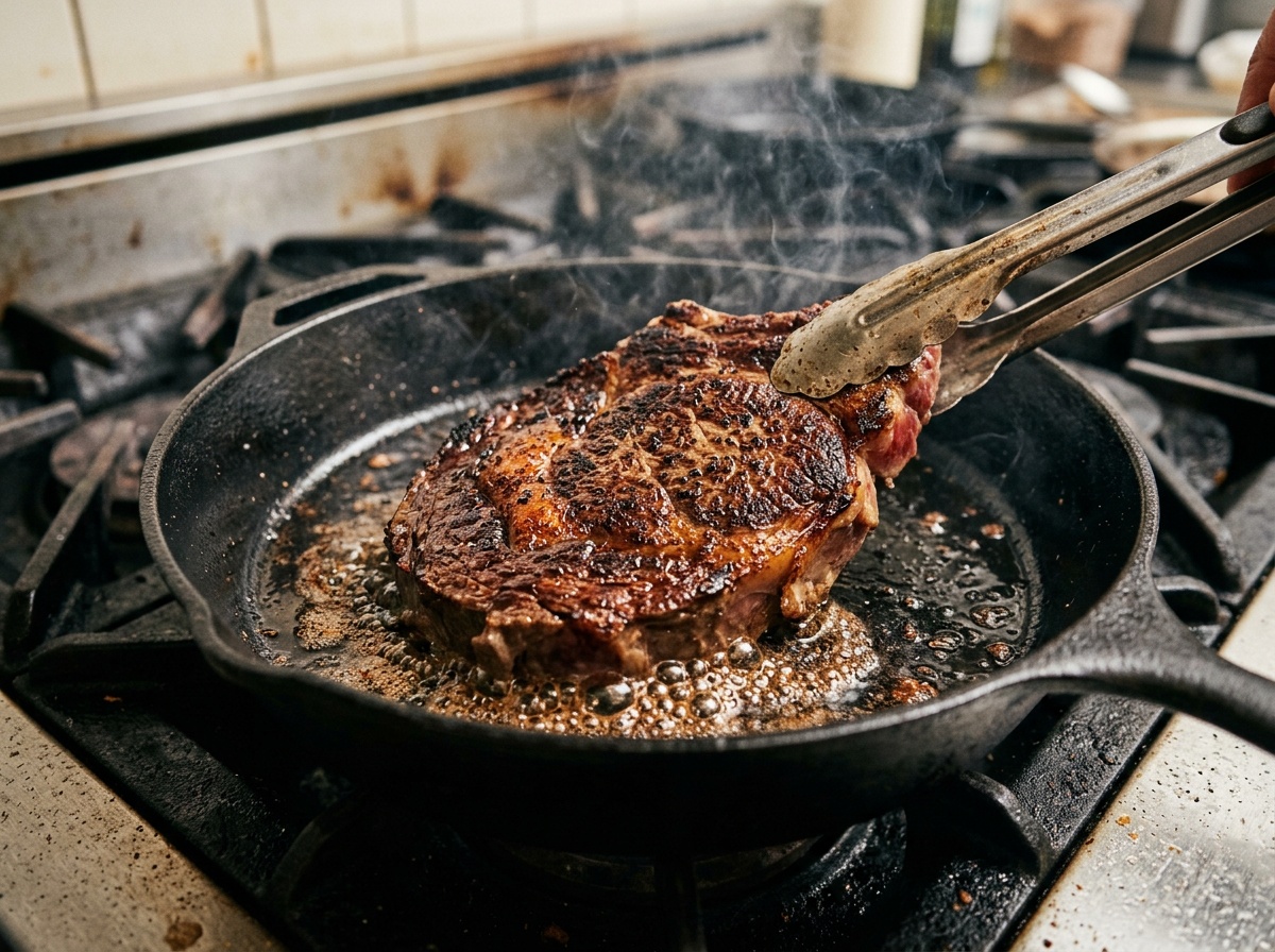 pan-searing steak in cast iron skillet for chuck eye steak recipe