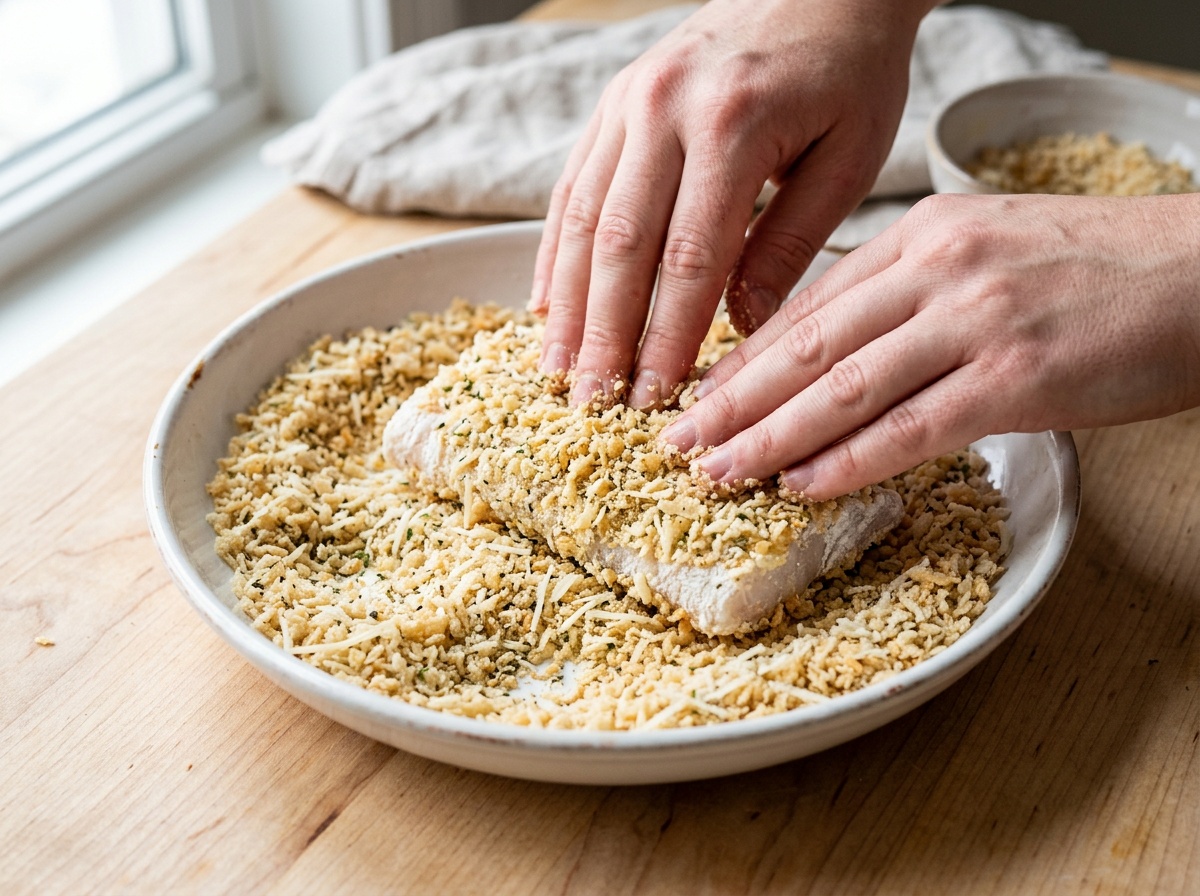 air fryer fish recipes pressing breadcrumbs onto cod