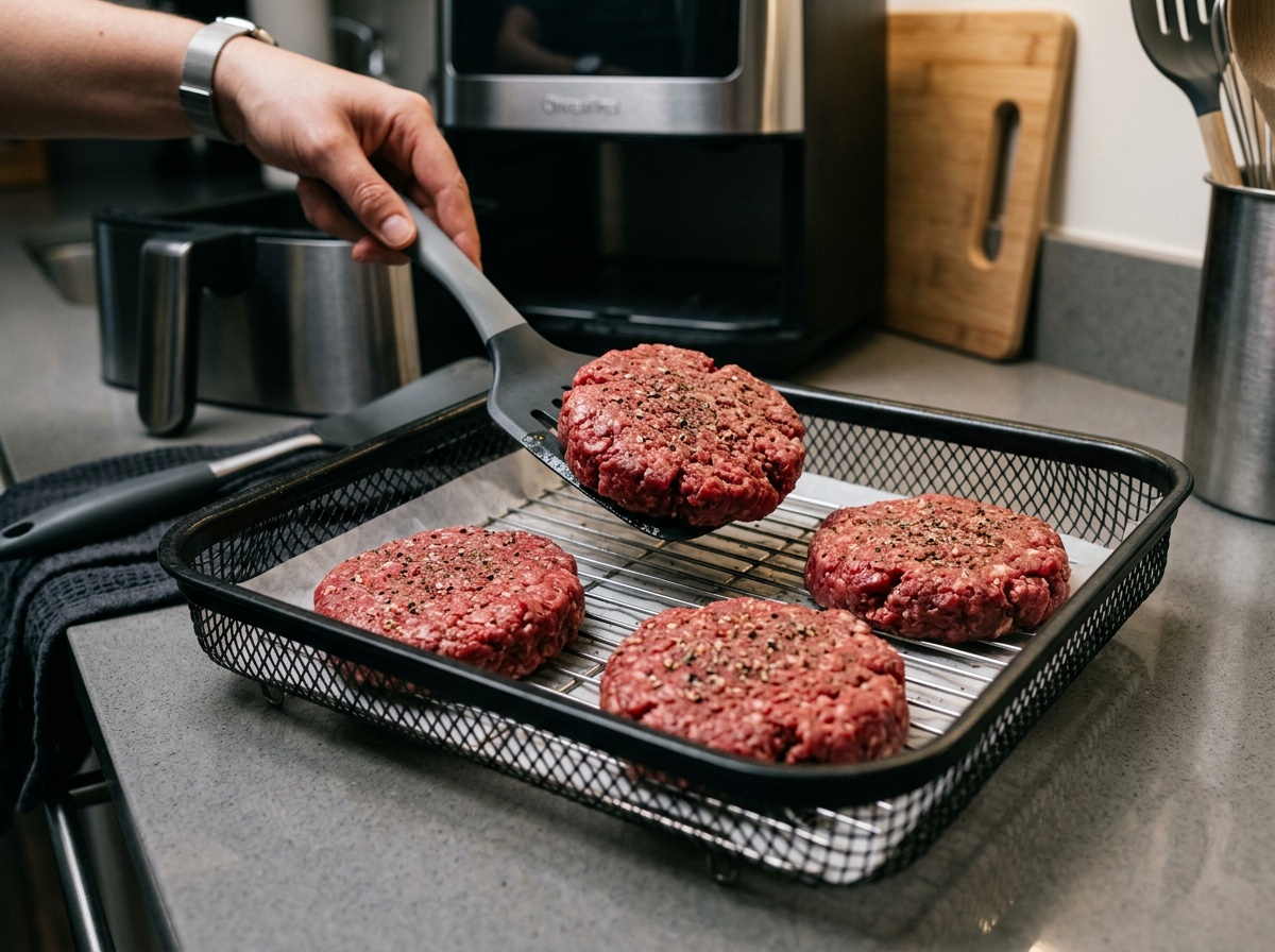 placing patties for air fryer hamburger recipes in basket