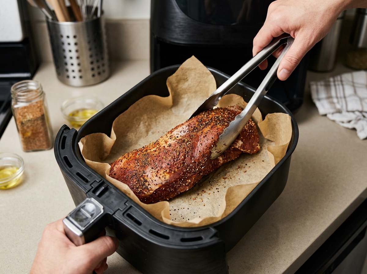 placing pork in basket for air fryer pork tenderloin recipe